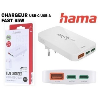 CHARGEUR RAPIDE PLAT 65W 2 USBC 1 USB-A BLANC