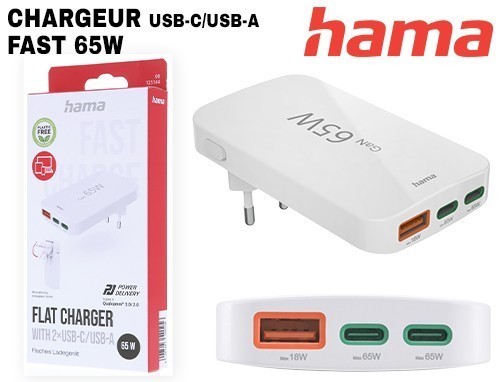 CHARGEUR RAPIDE PLAT 65W 2 USBC 1 USB-A BLANC