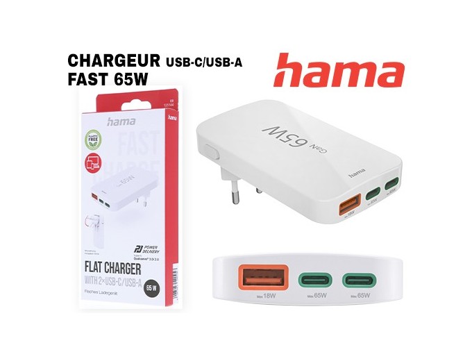 CHARGEUR RAPIDE PLAT 65W 2 USBC 1 USB-A BLANC