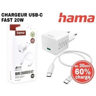 CHARGEUR SECTEUR FAST 20W   CABLE USBC 1M BLANC