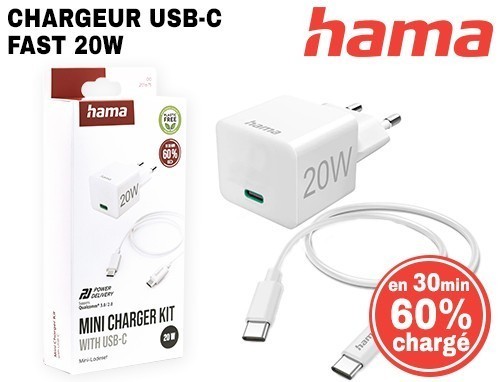 CHARGEUR SECTEUR FAST 20W   CABLE USBC 1M BLANC