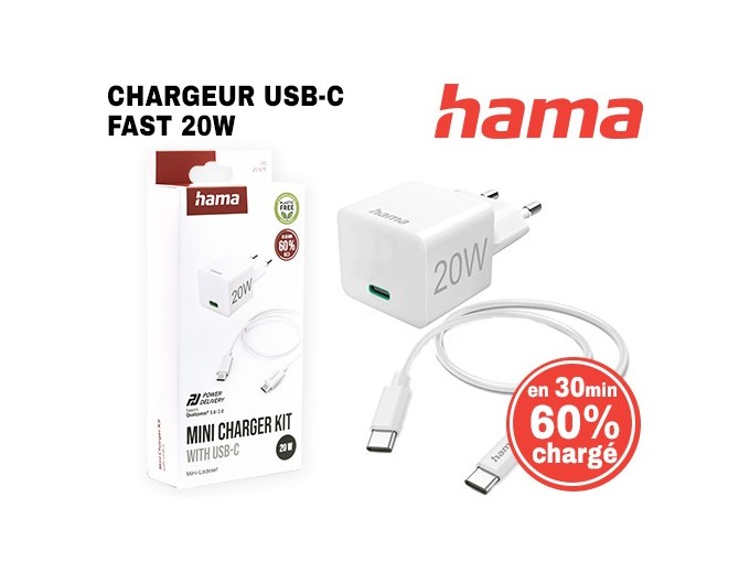 CHARGEUR SECTEUR FAST 20W   CABLE USBC 1M BLANC