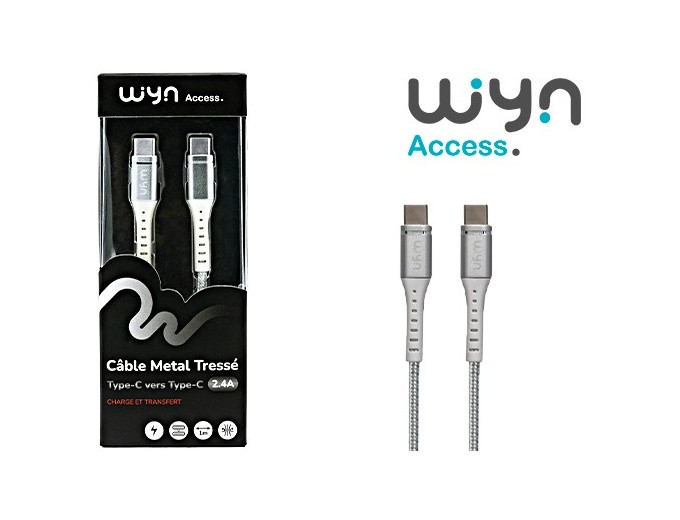 CABLE TYPE C VERS TYPE C METAL TRESSE SILVER (1)