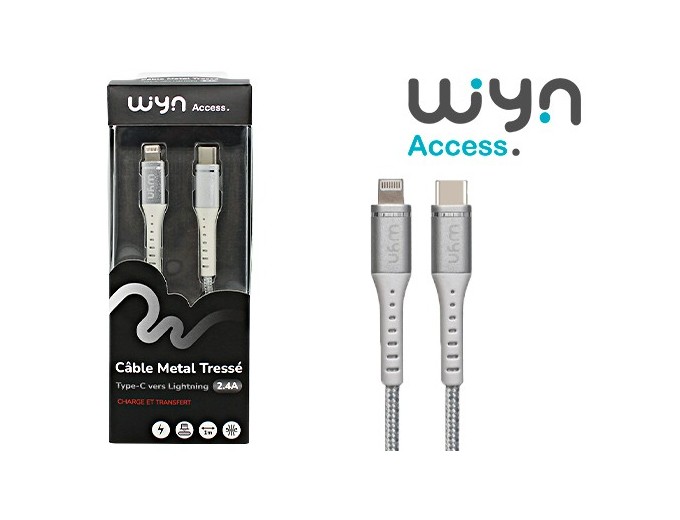 CABLE LIGHTNING VERS TYPE C METAL TRESSE SILVE (1)