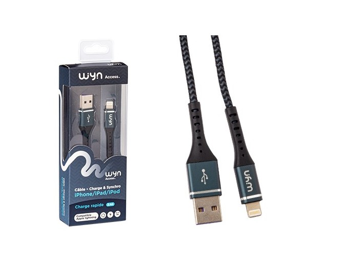 CABLE DATA IPHONE 5 6 7 TRESSE NOIR 1M   24A  (1)