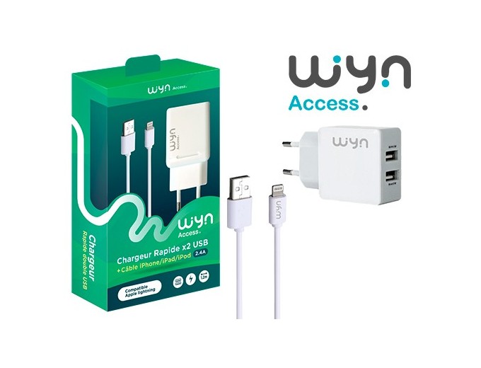 PACK CHARGEUR 2 USB   CABLE LIGHTNING    24A