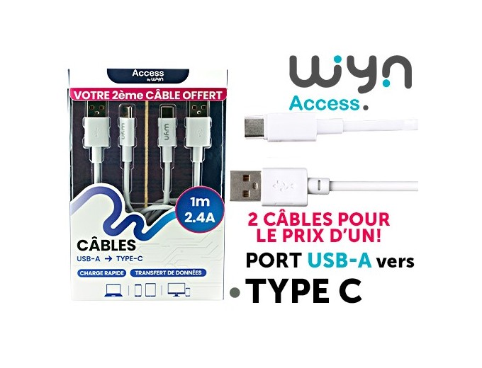 LOT 2 CABLES BLANCS USB-A LIGHTNING IP 1M 2.4A (1)