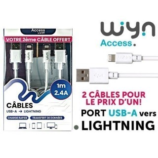 LOT 2 CABLES BLANCS USB-A LIGHTNING IP 1M 2.4A (1)