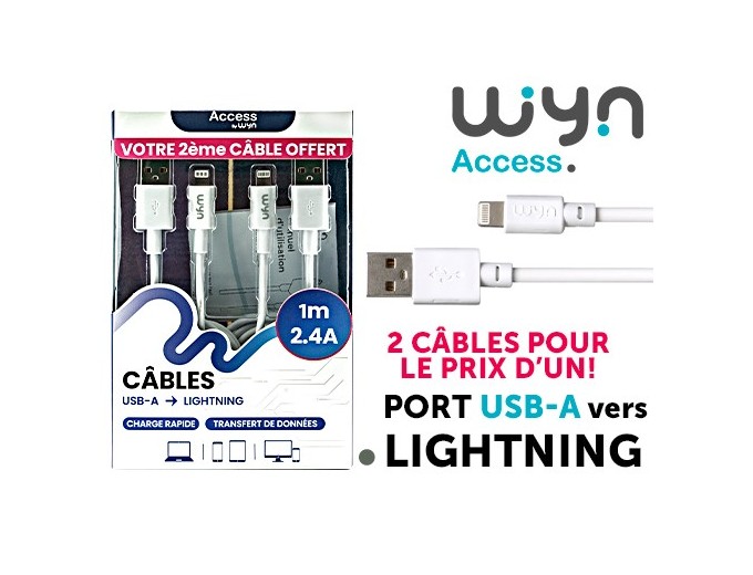 LOT 2 CABLES BLANCS USB-A LIGHTNING IP 1M 2.4A (1)