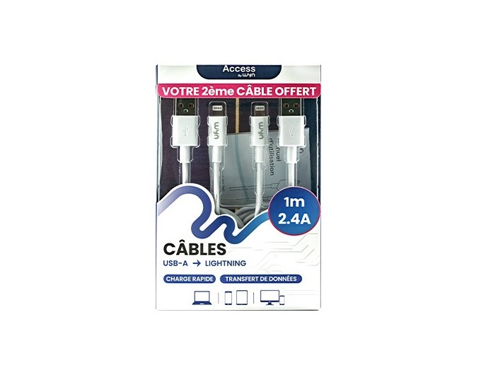LOT 2 CABLES BLANCS USB-A LIGHTNING IP 1M 2.4A (1)