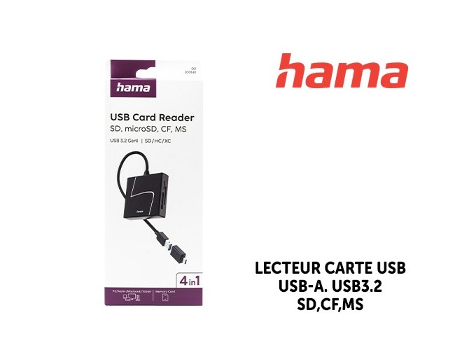 HAMA LECTEUR CARTE USB, USB-A, USB3.2, SD,CF,MS